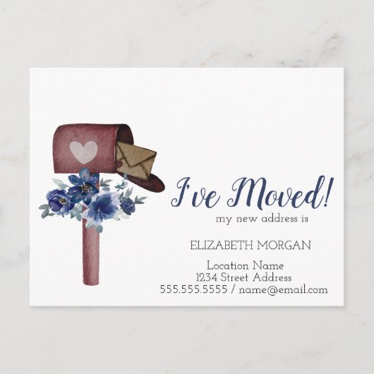 引越しました、水彩の郵便箱 青い花 案内ポストカード (正面)