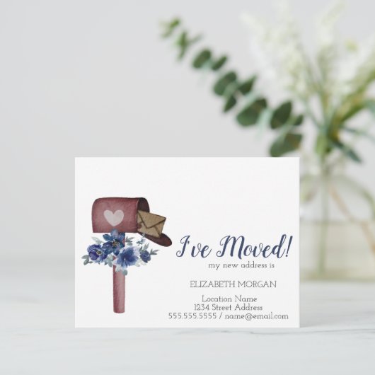 引越しました、水彩の郵便箱 青い花 案内ポストカード (スタンド正面)