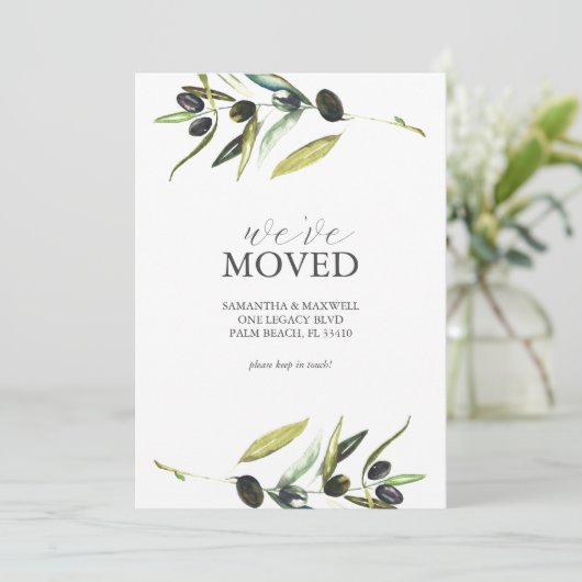 引越しアナウンスカード水彩オリーブ枝 セーブザデート (スタンド正面)