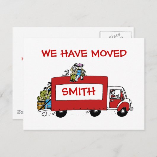 引越しバン付きの引越し葉書を持っている 案内ポストカード (正面/裏面)