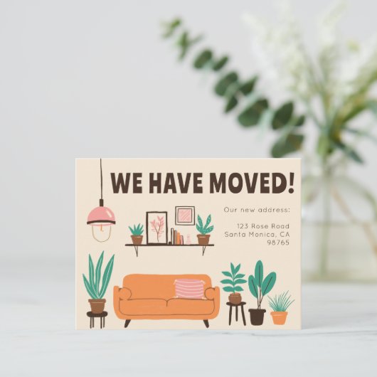引越し発表住所かわいいリビングルームソファ ポストカード (スタンド正面)