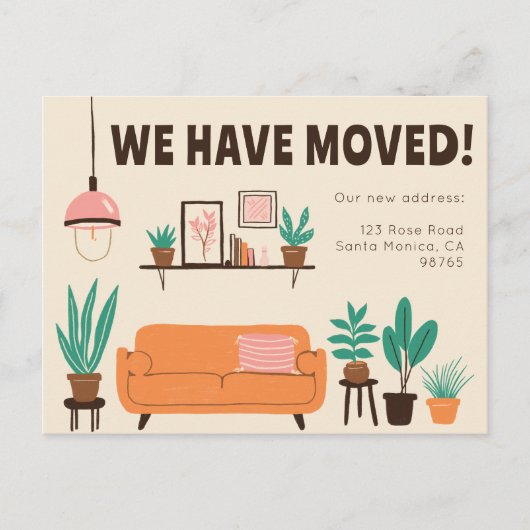 引越し発表住所かわいいリビングルームソファ ポストカード (正面)
