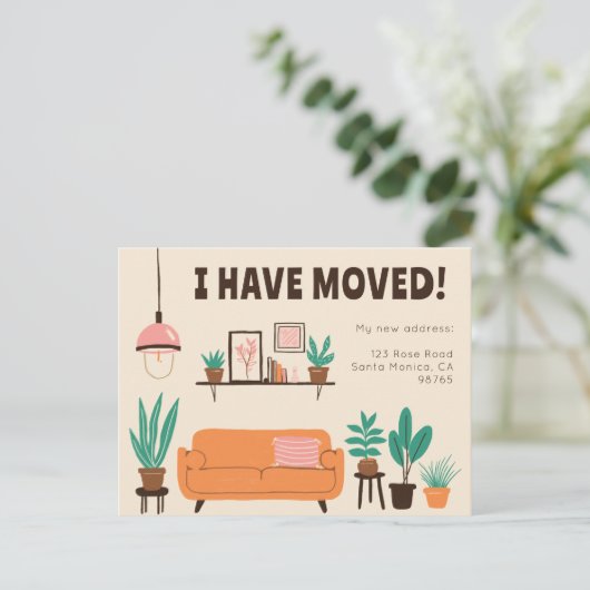 引越し発表住所かわいいリビングルームソファ ポストカード (スタンド正面)