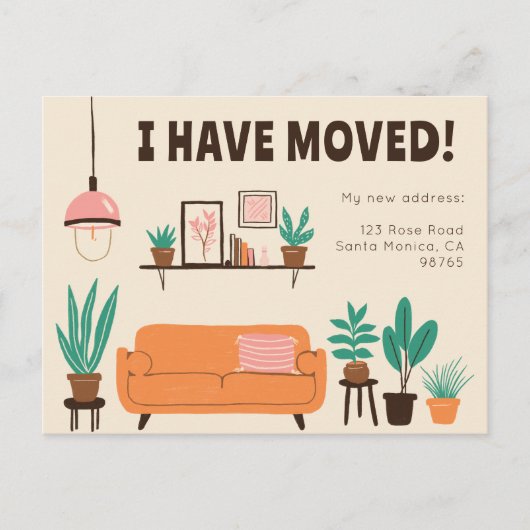引越し発表住所かわいいリビングルームソファ ポストカード (正面)