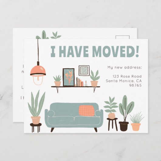引越し発表住所かわいいリビングルームソファ ポストカード (正面/裏面)