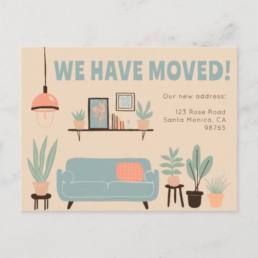 引越し発表住所かわいいリビングルームソファ ポストカード (正面)
