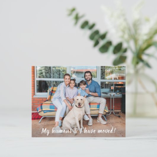 引越し発表犬のパーソナライズされたペット写真 案内ポストカード (スタンド正面)