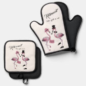 引退は良さそうだ！シックな上品なフラミンゴ 鍋つかみ&鍋敷きセット (正面/裏面)