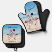 引退は良さそうだ！フラミンゴオンビーチ 鍋つかみ&鍋敷きセット (正面/裏面)