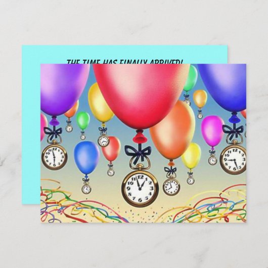 引退パーティの招待状~風船&時計! 招待状 (正面/裏面)
