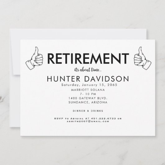 引退パーティー「It's About Time」を親指で締め上げるB/W 招待状 (正面)