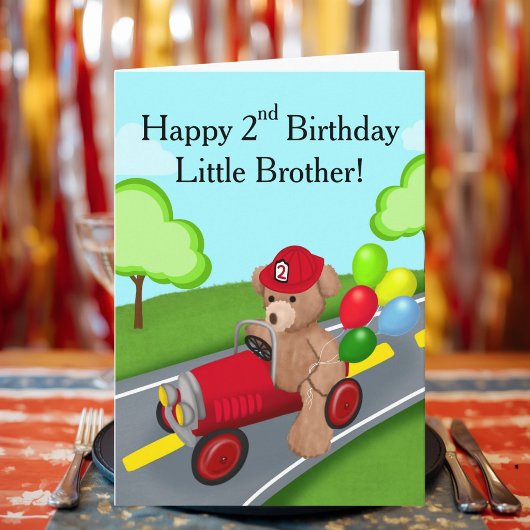 弟の2歳の誕生日のテディベアの消防車 カード
