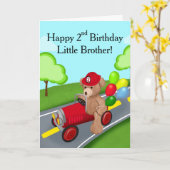 弟の2歳の誕生日のテディベアの消防車 カード (黄色い花)