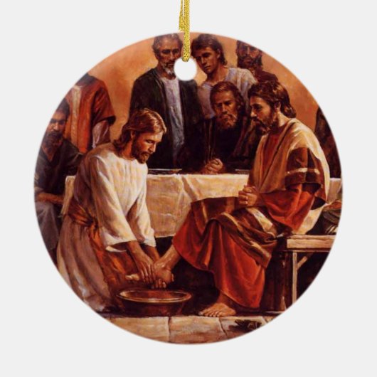 弟子の足のオーナメントを洗浄しているイエス・キリスト セラミックオーナメント (裏面)