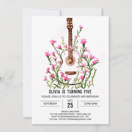 弦クラシカルギター誕生日 招待状 (正面)
