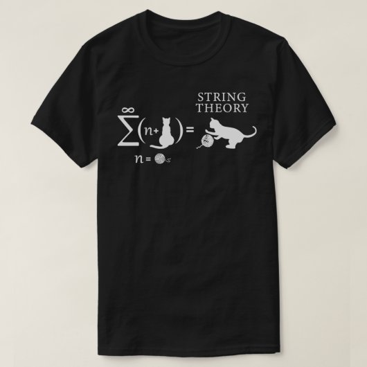 弦理論の猫と糸の皮肉な科学ユーモア Tシャツ (デザイン正面)