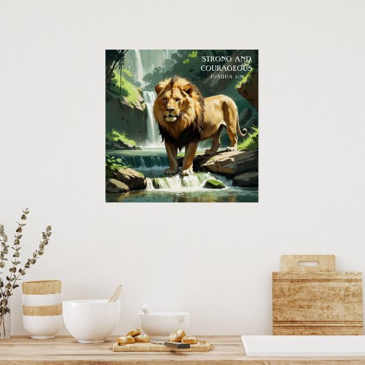 強いライオンの自然の滝の信仰絵画の ポスター (キッチン)