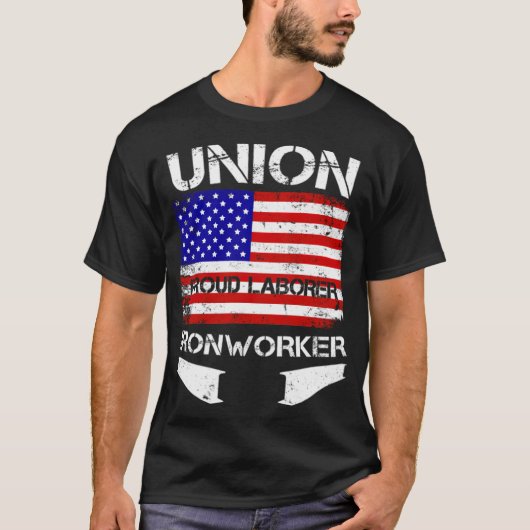 強い労働組合 鉄骨作業員 自豪なアメリカの労働者 手作り焼き Tシャツ (正面)