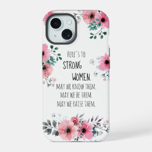 強い女性の名言 水彩 ピンクの花 iPhone 15ケース