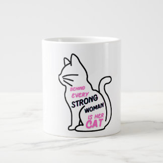 強い女性の後ろには猫がいる - かわいいフェミニ ジャンボコーヒーマグカップ