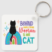 強い女性の背後には彼女の猫がいる キーホルダー (裏面)