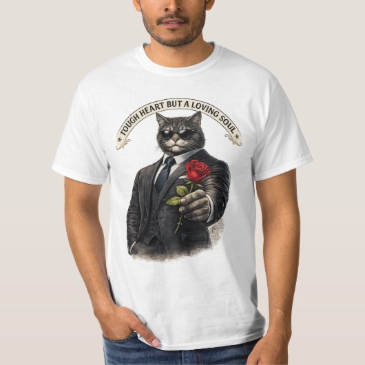 強い心はやっぱり優しい | バラを持つジェントルマン猫 Tシャツ (正面)