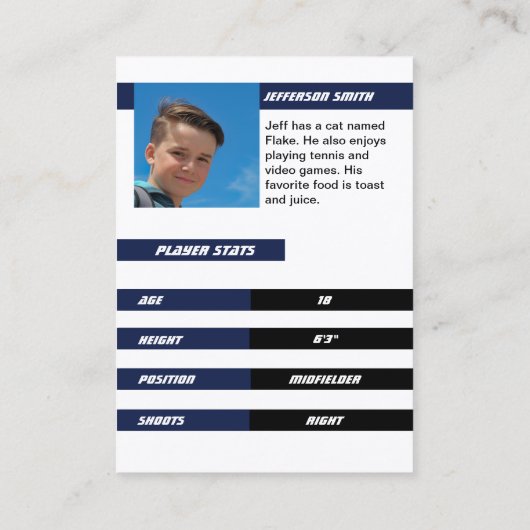 強い青の白でサッカー選手のトレーディングカード コーリングカード (裏面)