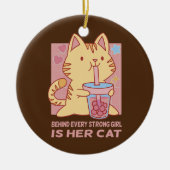 強おもしろいい女の子の後ろに猫が可愛い セラミックオーナメント (正面)