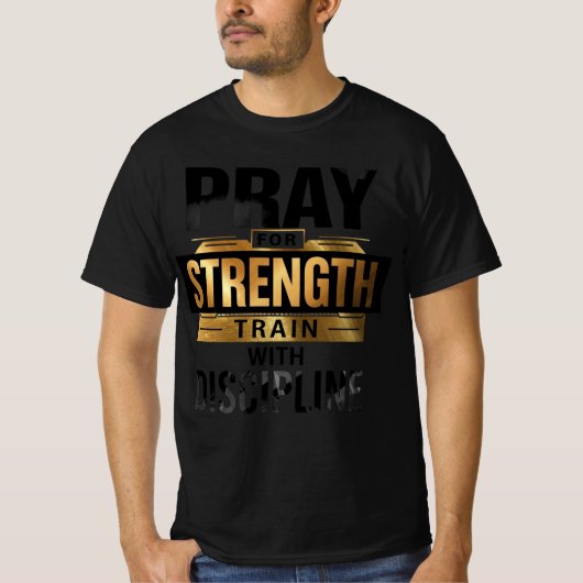 強さを求めて祈り、規律をもって鍛える – モチ Tシャツ (正面)