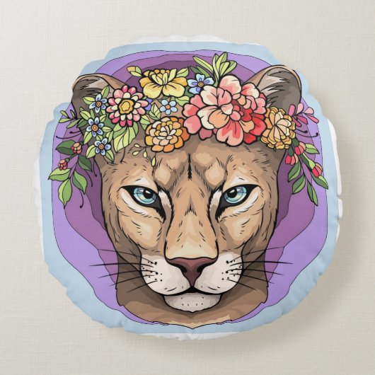 強さ、優雅さ、獰猛な猫枕 ラウンドクッション (正面)