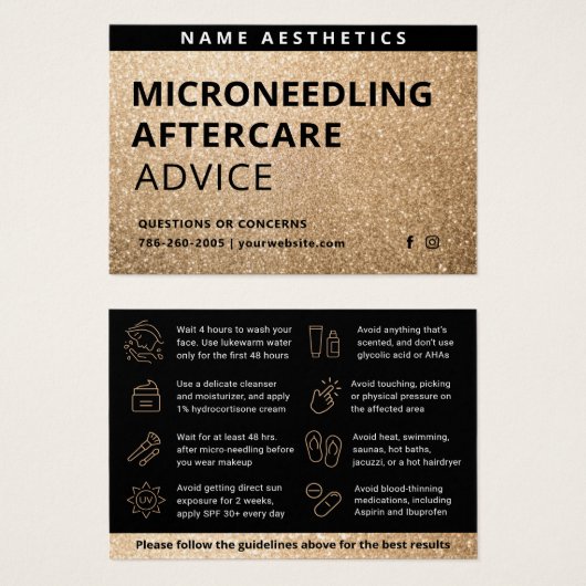 強力なグリッター金ゴールド真皮フィラーアフターケアカード (正面&裏面)