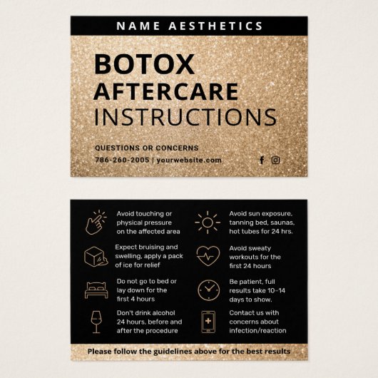 強力なグリッター金ゴールド真皮フィラーアフターケアカード (正面&裏面)