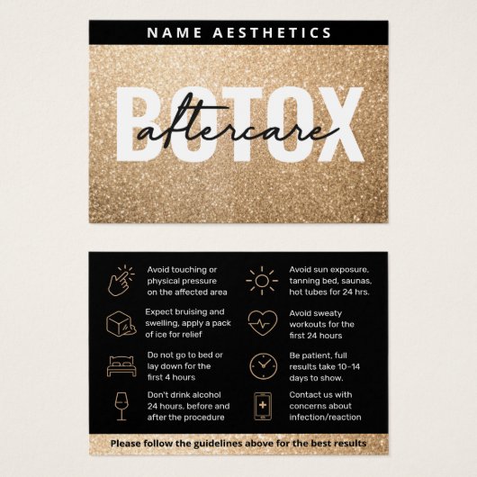 強力なグリッター金ゴールド真皮フィラーアフターケアカード (正面&裏面)