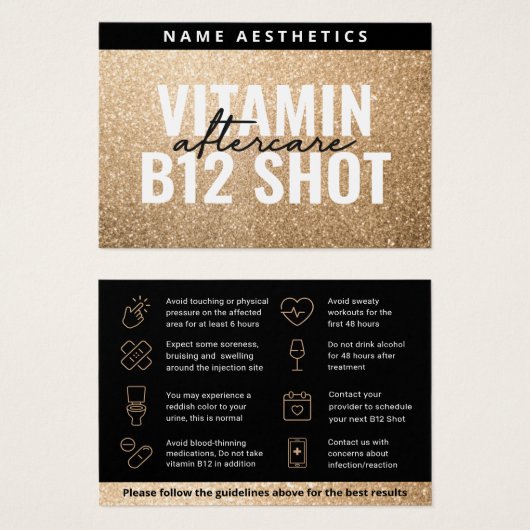 強力なグリッター金ゴールド真皮フィラーアフターケアカード (正面&裏面)