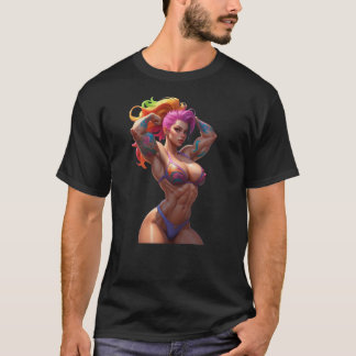 強力なフレックスはっきりしたレインボー髪のフィットネス女神 Tシャツ