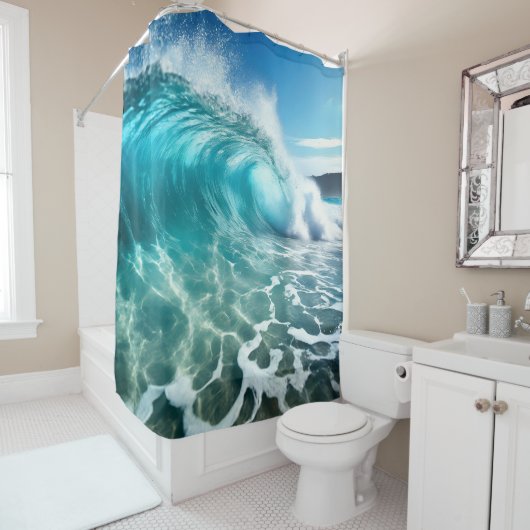強力な落ち着く青い海波 シャワーカーテン (インサイチュ)