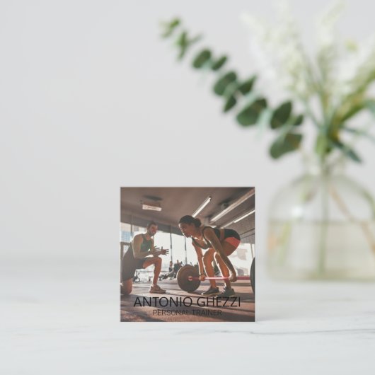 強度ウェイトスポーツフィットネスパーソナルトレーナー スクエア名刺 (スタンド正面)