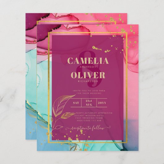 強烈なピンクターコイズ結婚金ゴールドのアルコールインク (正面/裏面)