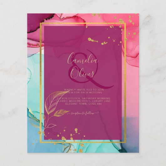 強烈なピンクターコイズ結婚金ゴールドのアルコールインク チラシ (正面)