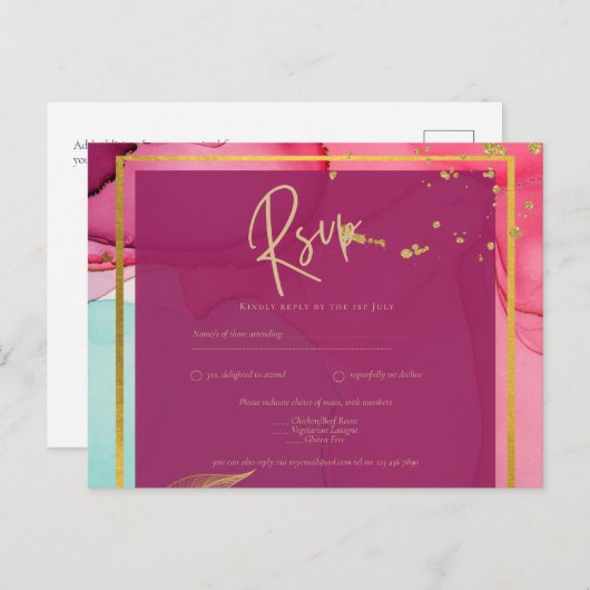 強烈なピンクターコイズ結婚金ゴールドのアルコールインク ポストカード (正面/裏面)