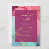 強烈なピンクターコイズ結婚金ゴールドのアルコールインク 招待状 (正面)