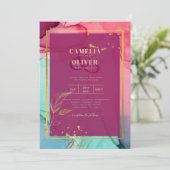 強烈なピンクターコイズ結婚金ゴールドのアルコールインク 招待状 (スタンド正面)