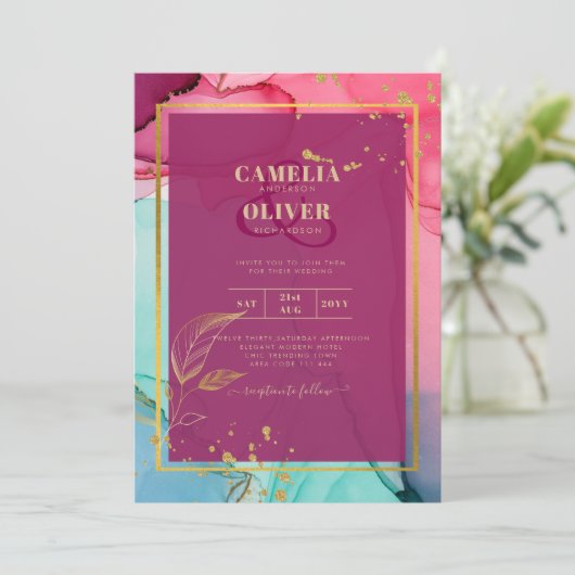 強烈なピンクターコイズ結婚金ゴールドのアルコールインク 招待状 (スタンド正面)