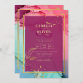 強烈なピンクターコイズ結婚金ゴールドのアルコールインク 招待状 (正面/裏面)