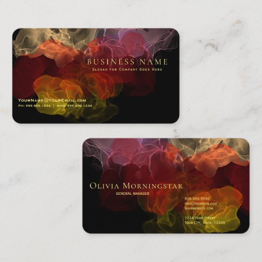 強烈な炎の緋色の液体インク抽象芸術オン黒 名刺 (正面/裏面)