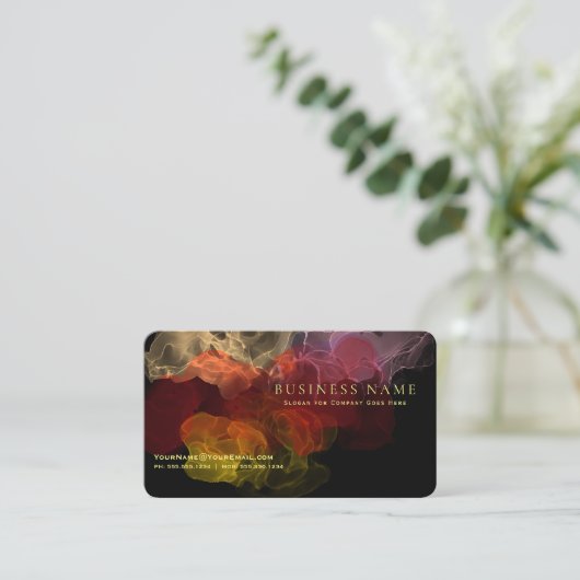 強烈な炎の緋色の液体インク抽象芸術オン黒 名刺 (スタンド正面)