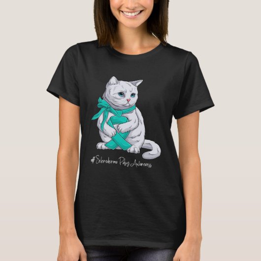 強皮症啓発月間 ティールリボン 猫 Tシャツ (正面)