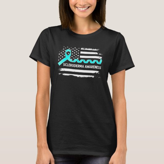 強皮症認識度アメリカ国旗のティール(緑がかった色)リボン Tシャツ (正面)