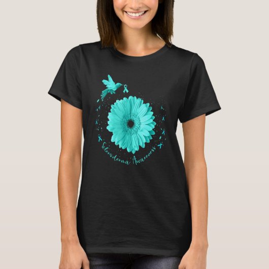 強皮症認識度月ティール(緑がかった色)リボン Tシャツ (正面)