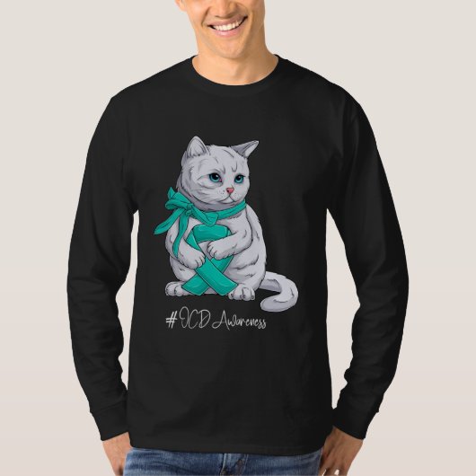 強迫性障害啓発月間 ティールリボン 猫 Tシャツ (正面)